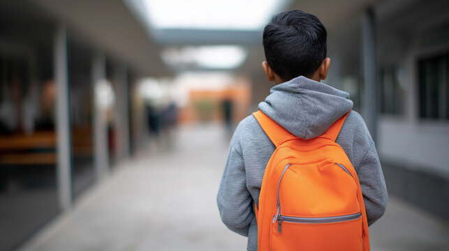 Back view of a schoolboy wearing a gray hoodie and orange backpack walking down a hallway.