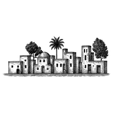 The Holy Land - a panoramic sunset view of the ancient biblical city of Bethlehem or Nazareth with traditional stone architecture, palm trees, and a historic atmosphere.