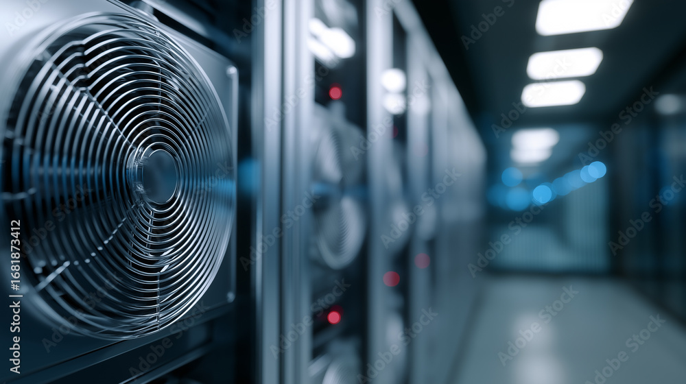 Poster close-up of a cooling fan inside a modern data center with servers in the background.