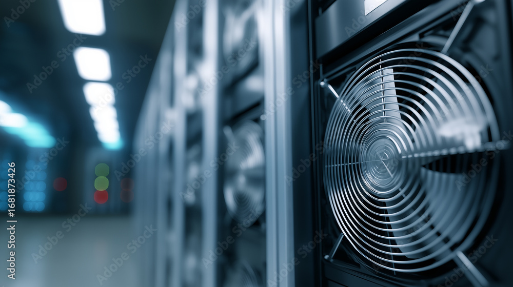 Poster close-up of a cooling fan inside a modern data center with servers in the background.