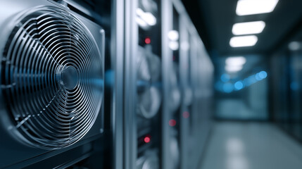 Close-up of a cooling fan inside a modern data center with servers in the background.  
