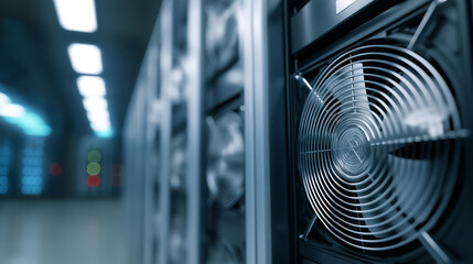 Close-up of a cooling fan inside a modern data center with servers in the background.  

