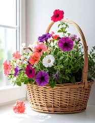 A charming wicker basket overflowing with a vibrant array of colorful petunias and daisies, illuminated by natural light streaming through a window.