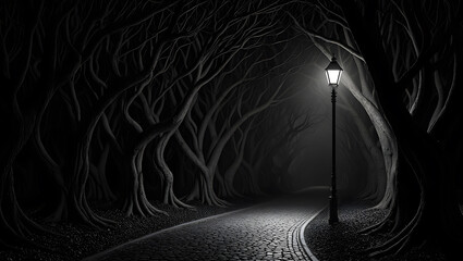 A dark and mysterious path illuminated by a street lamp in the night, creating an eerie scene