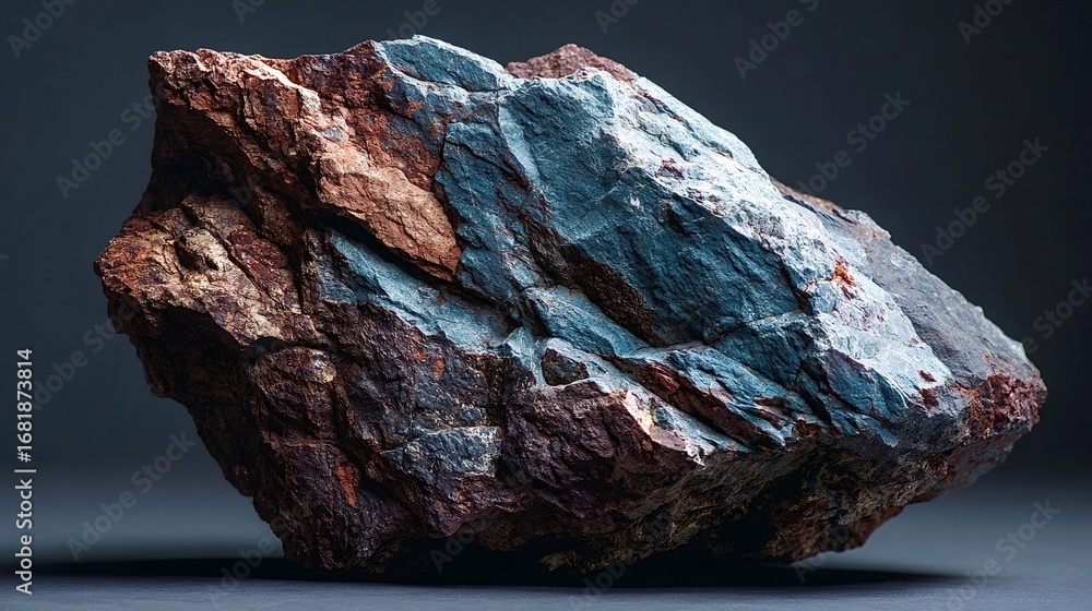 Poster illuminated raw multicolored stone against a dark background, highlighting the rough texture and int