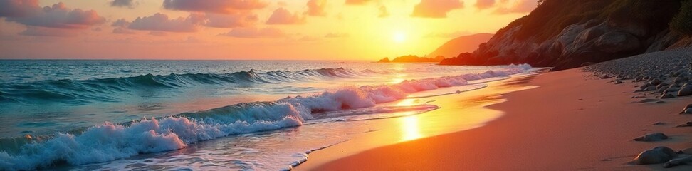 Serene coastal scene at sunset, featuring calm ocean waves gently lapping the sandy shore Perfect for travel, nature, or relaxation themes Ideal for websites and brochures , picturesque, horizon