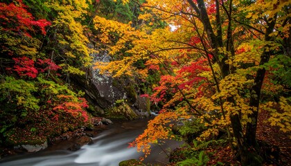 Vibrant Autumn Forest Waterfall with Flowing River and Colorful Foliage.