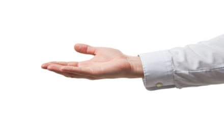 Meticulously clean, fair-skinned adult hand with light cuff, palm open and extended, on a bright white studio background with soft light. Concept of presenting abstract solutions and innovation