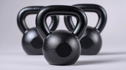 Two black kettlebells of different sizes placed side by side on a light surface.  
