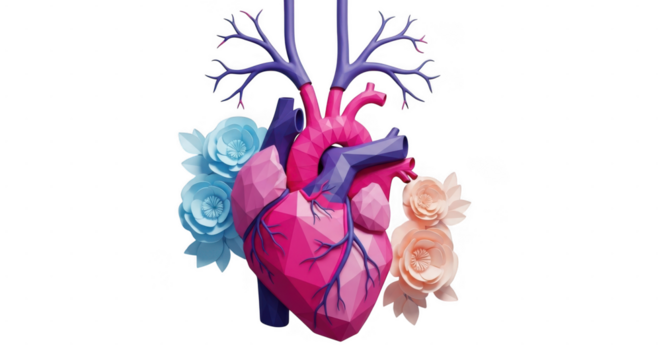 A stylized, geometric heart with branches and flowers, symbolizing love and nature isolated on transparent background