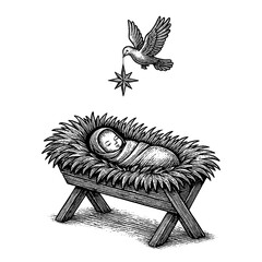 The Christmas miracle - newborn baby Jesus, the Messiah and King, sleeping peacefully in a humble manger filled with hay, symbolizing the birth of the Savior.