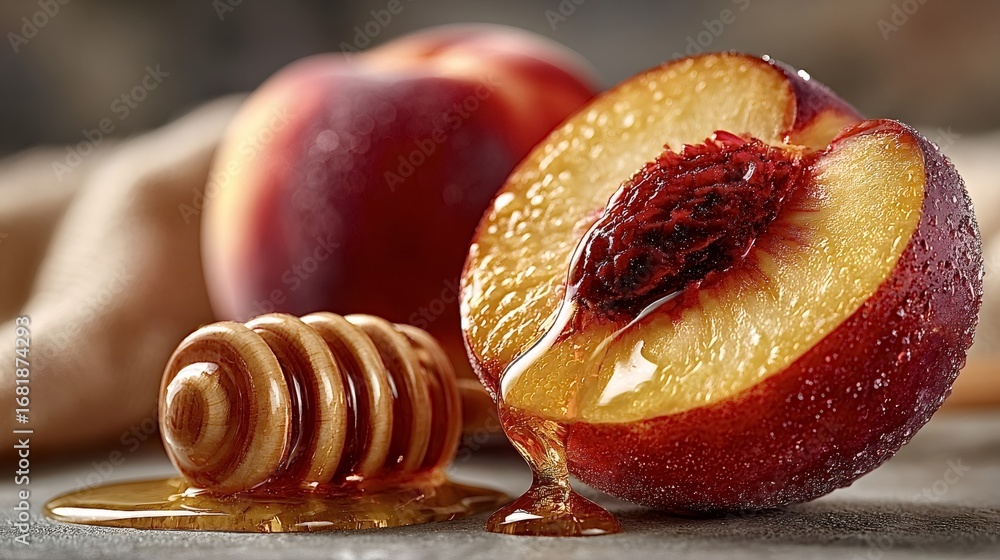 Poster honey is dripping on a fresh peach slice with a honey dipper on a gray surface and another peach in 