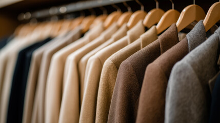 Obraz premium A row of stylish jackets in various colors hangs neatly on wooden hangers in a modern closet. 