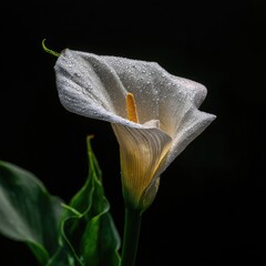 A close-up, detailed shot of a beautiful white calla lily, showcasing delicate, water-kissed petals and vibrant green foliage against a deep black background.