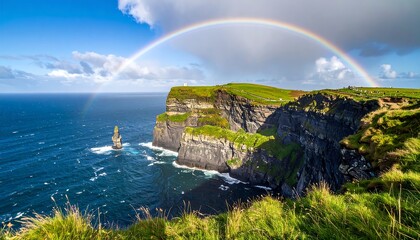 A vibrant rainbow arches over a dramatic cliff face overlooking a restless sea, showcasing Ireland's breathtaking coastal scenery.