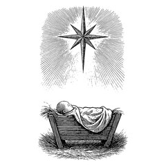 The Christmas miracle - newborn baby Jesus, the Messiah and King, sleeping peacefully in a humble manger filled with hay, symbolizing the birth of the Savior.