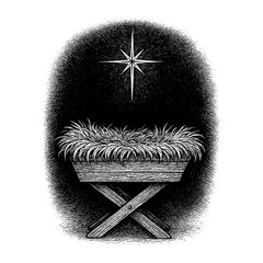 A symbol of hope - empty wooden manger in a stable, illuminated by the mystical light of the Star of Bethlehem, representing anticipation and the miracle of Christmas.