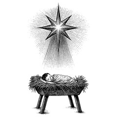 The Christmas miracle - newborn baby Jesus, the Messiah and King, sleeping peacefully in a humble manger filled with hay, symbolizing the birth of the Savior.