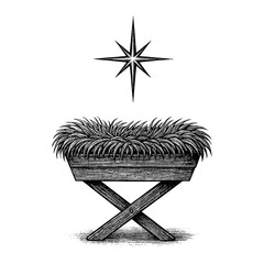 A symbol of hope - empty wooden manger in a stable, illuminated by the mystical light of the Star of Bethlehem, representing anticipation and the miracle of Christmas.