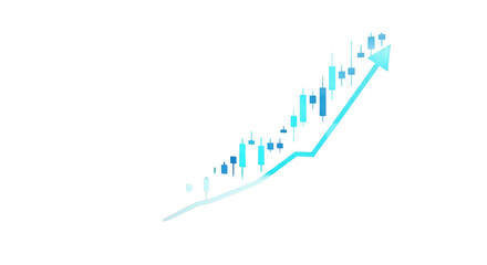 Precisely rendered financial trading chart with detailed blue & teal candlestick graphs showing an upward trend on transparent, blurred digital data background. Concept of financial success
