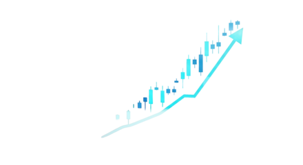 Precisely rendered financial trading chart with detailed blue & teal candlestick graphs showing an upward trend on transparent, blurred digital data background. Concept of financial success