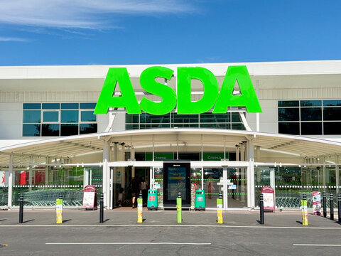 Cardiff, Wales - 8 July 2025: Front exterior bview of the entrance to the ASDA superstore at Coryton on the outskirts of Cardiff