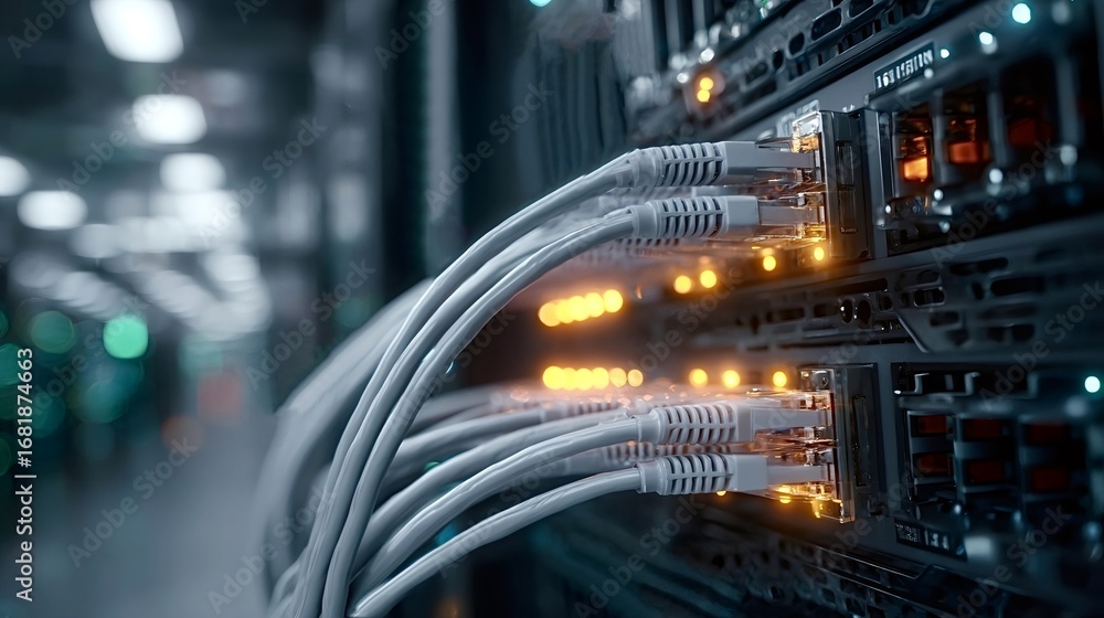 Poster network cables are connecting to server in modern data center with blinking lights, representing int