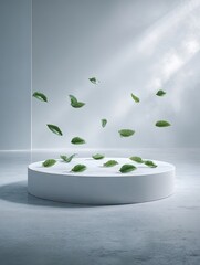 A minimalist, light-filled scene showcases a smooth, white pedestal with delicate green leaves gently floating around it, conveying a sense of peace and tranquility.