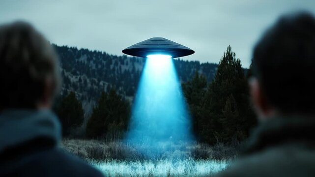 Two individuals watch in awe as a flying saucer hovers in the evening sky above a forested mountain area. Bright light emanates from the craft, creating a mysterious atmosphere.