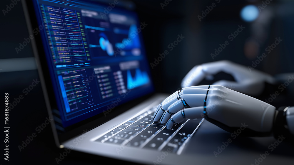 Poster robot hand typing on a laptop keyboard with financial data on the screen.