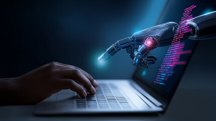Human and robot hands working together on a laptop with glowing code on screen.  
