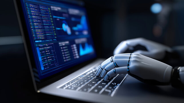 Robot hand typing on a laptop keyboard with financial data on the screen.  
