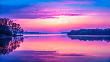 Tranquil lake reflects vibrant purple and pink sunrise sky, creating a serene, breathtaking natural panorama.