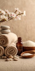 Beauty treatment items for spa procedures on a white wooden table. massage stones, essential oils, and sea salt. copy space