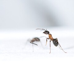Two ants on a white surface
