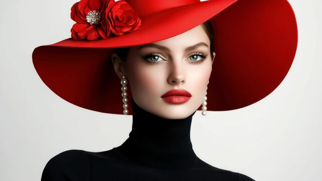 A model poses gracefully in a striking red hat adorned with flowers, complemented by pearl earrings and a sleek black outfit. The setting highlights her beauty and style.