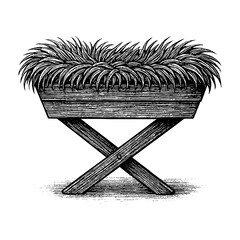 A symbol of hope - empty wooden manger in a stable, illuminated by the mystical light of the Star of Bethlehem, representing anticipation and the miracle of Christmas.