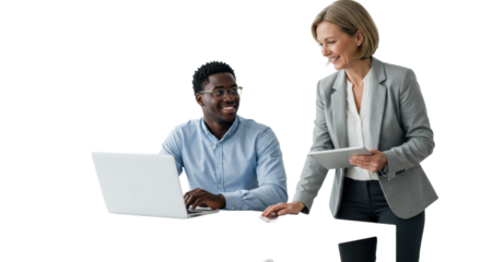 Young black man, early 30s, glasses, and a caucasian woman, late 40s, blazer, smiling, discussing ideas with tech on a white table, white studio background. Concept of inclusive collaboration