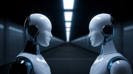 Two humanoid robots, one black and one white, face each other in a futuristic hallway. 
