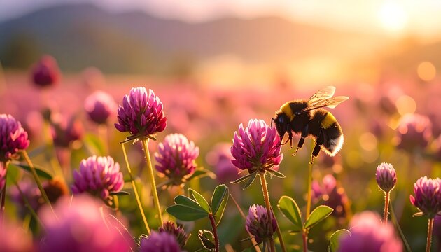 A vibrant bumblebee hovers amidst a field of pink clover blossoms bathed in golden sunlight.