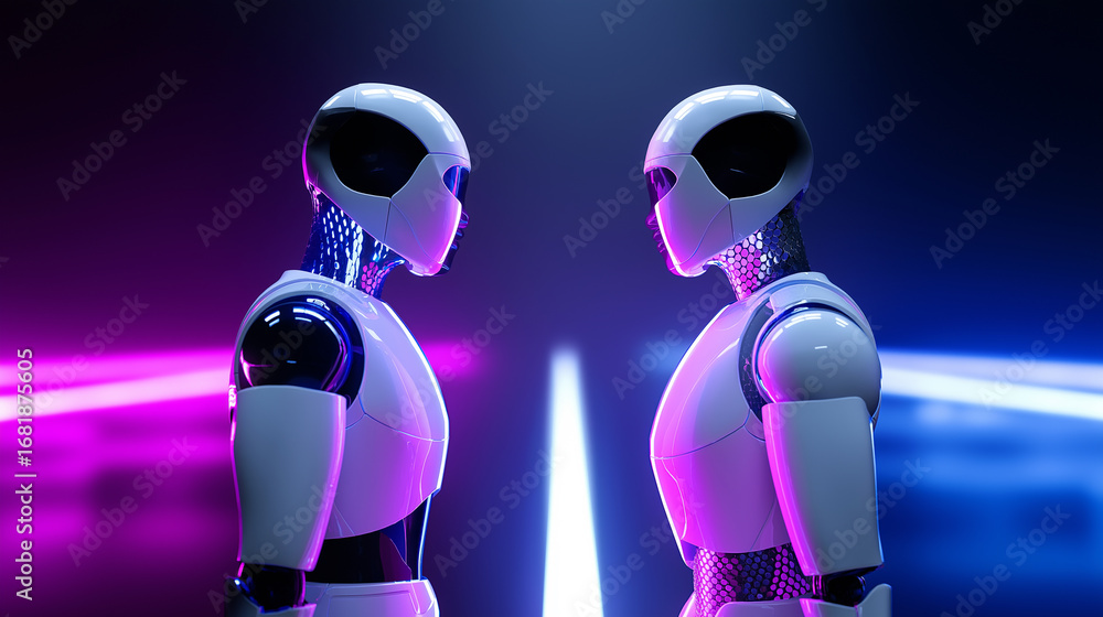 Poster two humanoid robots face each other in a futuristic environment with neon lights.