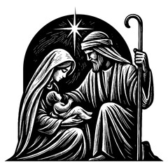 The Holy Night - Virgin Mary and Joseph gazing with love and reverence at the newborn baby Jesus in the manger, illuminated by the divine light of the Star of Bethlehem.