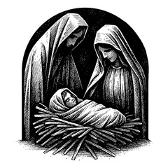 The Holy Night - Virgin Mary and Joseph gazing with love and reverence at the newborn baby Jesus in the manger, illuminated by the divine light of the Star of Bethlehem.