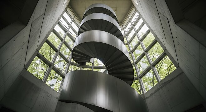 Modern Spiral Staircase Ascending Towards Natural Light.