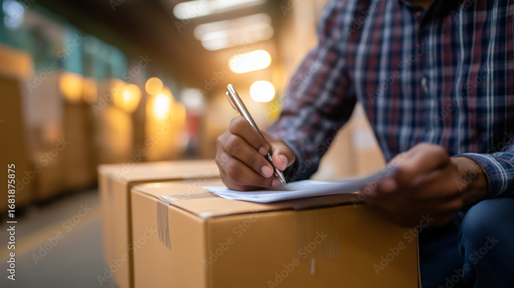 Poster a warehouse worker writes on a clipboard while checking stacked cardboard boxes for shipment.