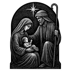 The Holy Night - Virgin Mary and Joseph gazing with love and reverence at the newborn baby Jesus in the manger, illuminated by the divine light of the Star of Bethlehem.