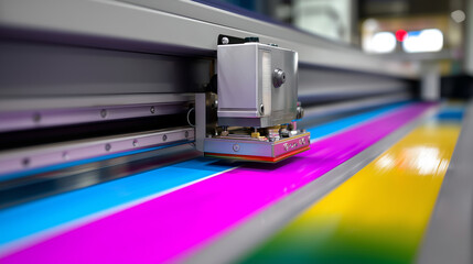 A large industrial printer produces vibrant color prints with cyan, magenta, yellow, and black ink. 
