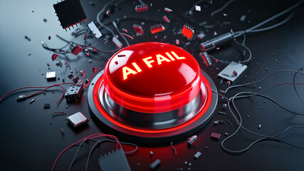 Red Glowing Button with "Ai Fail" Text, Fragments of Shattered Circuit Boards Wires and Microchip Debris Falling 