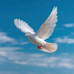 A pristine white dove soars gracefully against a vibrant azure sky, wings outstretched in a breathtaking display of freedom.