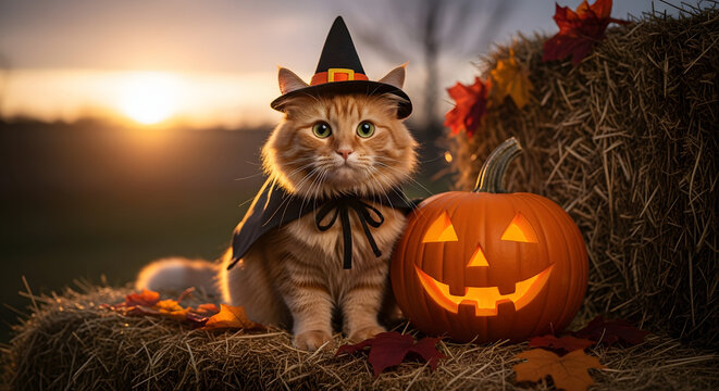 Cat in witch costume with pumpkin at sunset